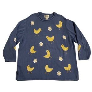 VTG Quacker Factory Sweater Blue Chick Daisy Embroidered Easter Womens Plus 2X